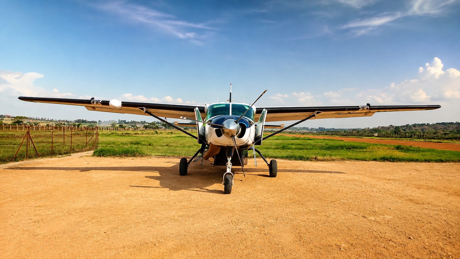 Asante Aviation Grand Caravan on a red-murram airstrip serving a remote field site
