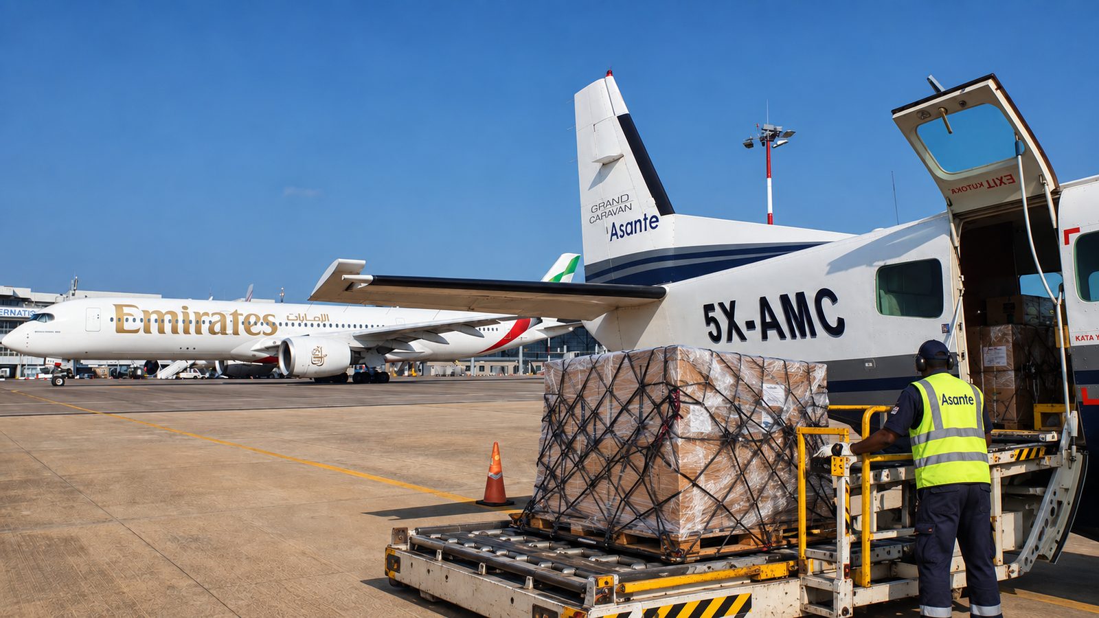 Asante Aviation ground crew loading a shrink-wrapped cargo pallet onto the Grand Caravan at Entebbe
