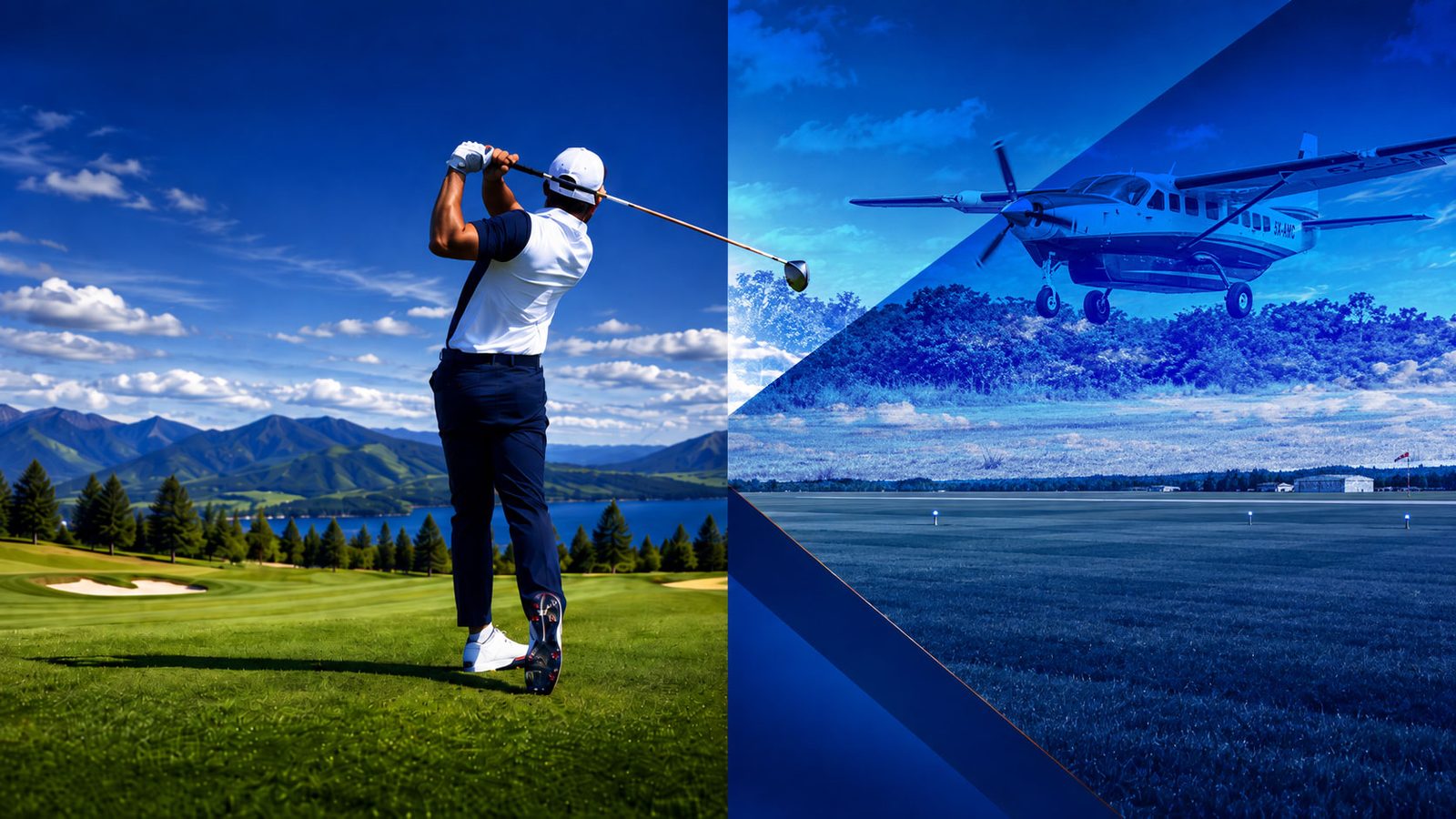 A golfer mid-swing on a lakeside course alongside an Asante Aviation Grand Caravan